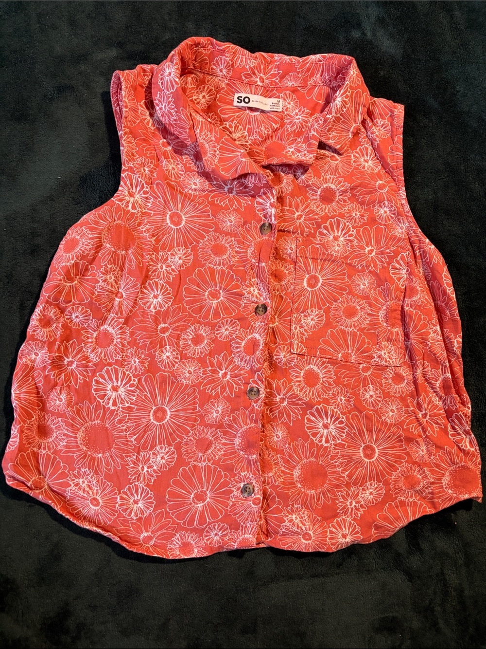 Coral Floral Sleeveless Button-Up Top